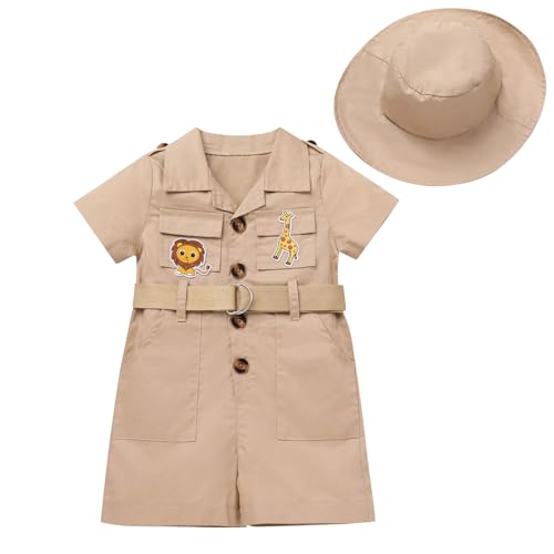 EFOGEP Wilde ein Geburtstag Dekorationen: Baby jungen Mädchen Safari Explorer Kostüm kurze Ärmel Strampler Overall mit Gürtel+Hut 2PCS Cake Smash Froest Abenteuer Zoo Keeper Outfit Khaki 0-6 Monate von EFOGEP