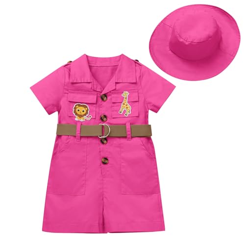 EFOGEP Wilde ein Geburtstag Dekorationen: Baby jungen Mädchen Safari Explorer Kostüm kurze Ärmel Strampler Overall mit Gürtel+Hut 2PCS Froest Abenteuer Zoo Keeper Outfit Heißes Rosa 0-6 Monate von EFOGEP