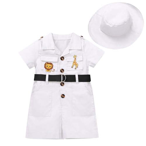 EFOGEP Wilde ein Geburtstag Dekorationen: Baby jungen M�dchen Safari Explorer Kost�m kurze �rmel Strampler mit G�rtel+Hut 2PCS Cake Smash Kleidung Froest Abenteuer Zoo Keeper Outfit Wei� 0-6 Monate von EFOGEP