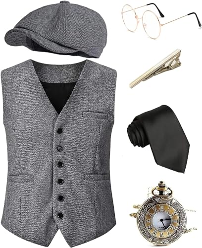 EFORLED Halloween-Kostüm-Zubehör-Set für Herren im 1920er-Jahre-Stil, tolle Gatsby-Kleidung, brüllende 20er-Jahre-Taschenuhr, Mafia-Mobster-Hut, Set 1 - Hellgrau, L von EFORLED