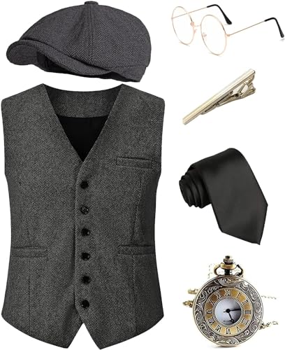 Halloween 1920er Jahre Herren Kostüm Zubehör Set, Great Gatsby Kleidung, Roaring 20s Taschenuhr, Mafia Mobster Hat, Set1-dunkelgrau, M von EFORLED