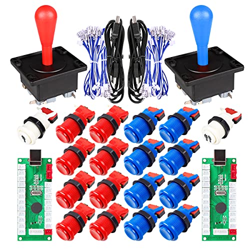 EG STARTS Arcade-Spiel für 2 Spieler DIY Kits Ellipse Oval Happ Typ Joystick Hanlde + 18 x American Style Arcade Tasten 1/2 Spieler Start Druckknopf (Rot & Blau) von EG STARTS