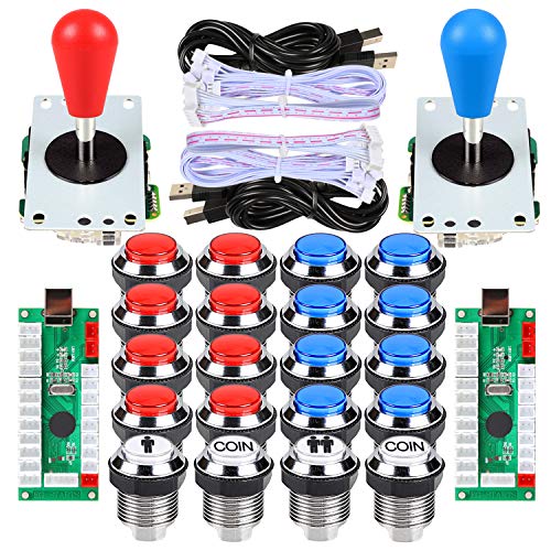 EG STARTS 2 Spieler Ellipse Arcade Kit Oval Bat Joystick Griffe LED Chrom Arcade Buttons für Arcade Gamepads & Standard Controller DIY Spiele MAME Teile (Rot Blau) von EG STARTS