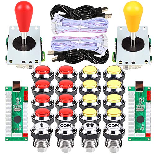 EG STARTS 2 Spieler Ellipse Arcade Kit Oval Bat Joystick Griffe LED Chrom Arcade Buttons für Arcade Gamepads & Standard Controller DIY Spiele MAME Teile (Rot Gelb) von EG STARTS