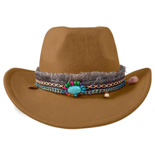 EGSHUFU Cowboyhut, Halloween-Kostüm, Cowgirl-Hut für Damen und Herren, Erwachsene, Western-Kuh-Mädchen-Hut (B-Khaki) von EGSHUFU