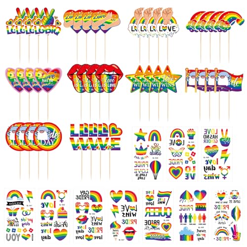 40 Regenbogen-Kucheneinsätze, 10 Regenbogen-Tattoo-Aufkleber, Kuchendekorations-Zahnstocher, Party-Dekorationszubehör, Cocktail-Geschirr von EHDWXVZM