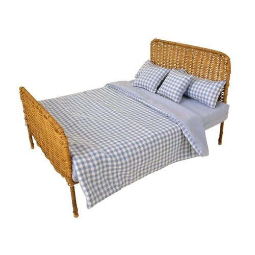 EHJRE 1/6 Puppenhausbett, Einzelbett, Puppenhaus, Rattanbett, Rattanbett für Lebensszenen-Layout, Handarbeit, Blau Kariert von EHJRE