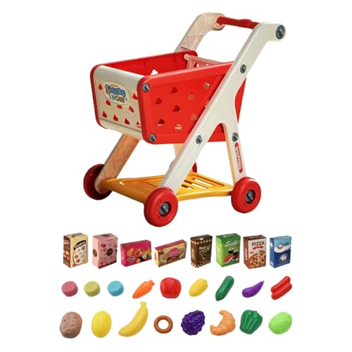 EHJRE Kinder Einkaufswagen Set, mit Vorgetäuschtem Lebensmittel Einkaufstag Spielset, Realistischem Küchenzubehör für, Rot von EHJRE
