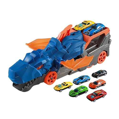 EHJRE Spielzeugauto Schienenset, Dinosaurier Transport LKW Spielzeug, Kleinkind Autospielzeug, Dinosaurier Startfahrzeug, Spielset für Vorschulkinder, Blau mit 6 Autos von EHJRE