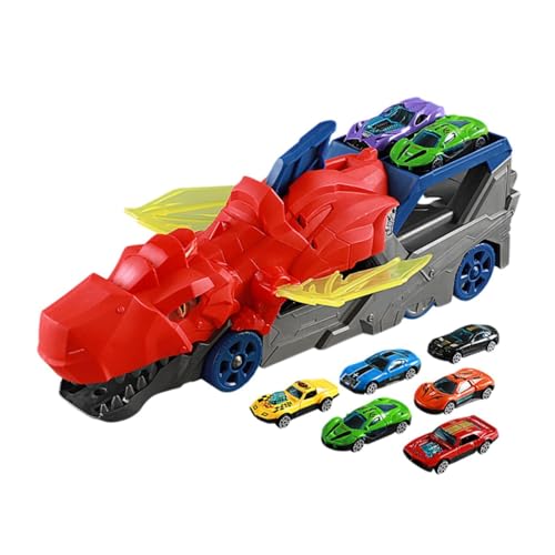 EHJRE Spielzeugauto Schienenset, Dinosaurier Transport LKW Spielzeug, Kleinkind Autospielzeug, Dinosaurier Startfahrzeug, Spielset für Vorschulkinder, Rot mit 6 Autos von EHJRE