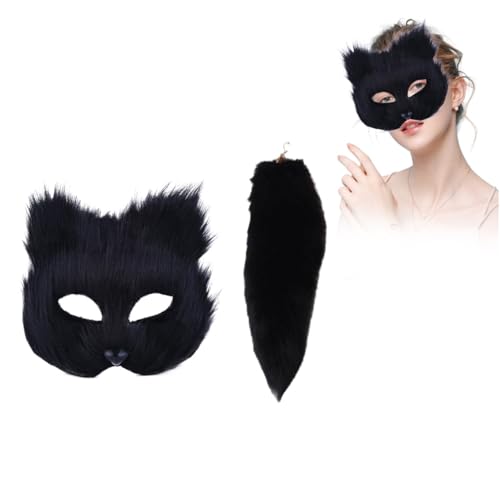 EHOTER Katzenmaske und Therianschwanz-Set, pelzige Fuchsmaske, Fuchsschwanz, Schlüsselanhänger, Halbgesichtsmaske, Kostümzubehör, Halloween, Karneval, Cosplay, Party, Maske, Make-up-Requisite für von EHOTER