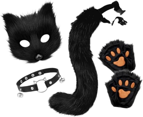 EHOTER Kunstpelz Fuchsschwanz Flauschige Katze Wolf Cosplay Kostüm Plüsch Maske Pfote Handschuhe Set Halloween Weihnachten Party für Mädchen Frauen (Schwarz) von EHOTER