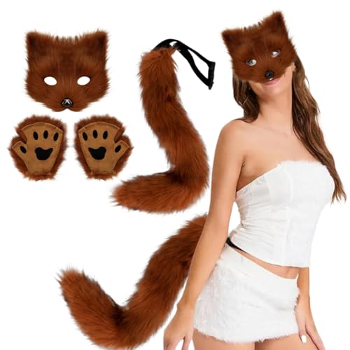 Therian Gear Halloween Kostüm Maske und Schwanz Set 2024 Fuchs Kostüm Halloween Therian Maske Furry Cosplay Maske Kostüme Enthält Fuchsmaske, Pfotenhandschuhe & Fuchsschwanz für Damen Herren von EHOTER