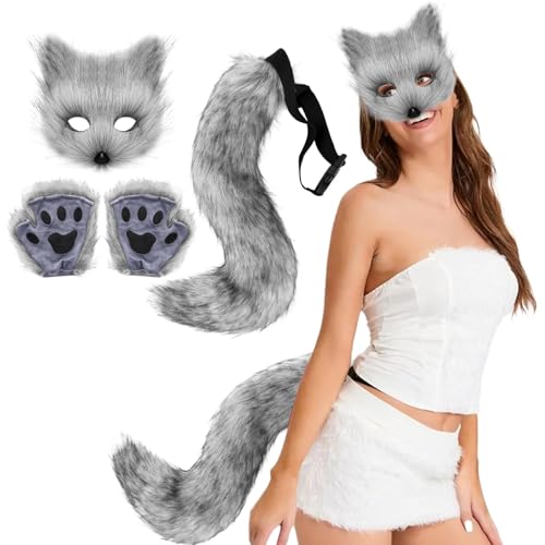 Therian Gear Halloween Kostüm Maske und Schwanz Set 2024 Fuchs Kostüm Halloween Therian Maske Furry Cosplay Maske Kostüme Enthält Fuchsmaske, Pfotenhandschuhe & Fuchsschwanz für Damen Herren von EHOTER