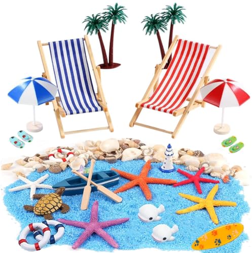 EIKEJI 28 Stück Strand-Mikrolandschaft Mini Liegestuhl Strandkorb Sonnenschirm Kleine Palme Deko Accessoires, Miniatur Strand Deko für DIY Zen Garten Einzigartiges Geschenk Surfbrett Dekoration von EIKEJI