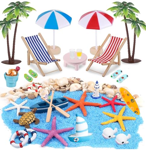 EIKEJI 31 Stück Strand-Mikrolandschaft Miniliegestuhl Strandkorb Sonnenschirm Kleine Palme Deko Accessoires,Miniatur-Ornament-Set für DIY,für DIY Zen Garten Dekoration Einzigartiges Geldgeschenk von EIKEJI