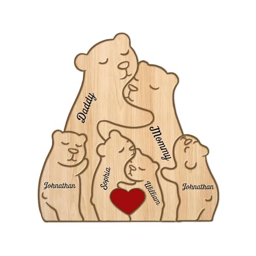 Personalisiertes Holzpuzzle mit Bärenfamilie, individuelles Holzbär-Puzzle, niedliches dekoratives Holz-Familiendekor-Schilder für Zuhause, Raumdekoration (6 Namen, 1 Set) von EIRZNGXQ