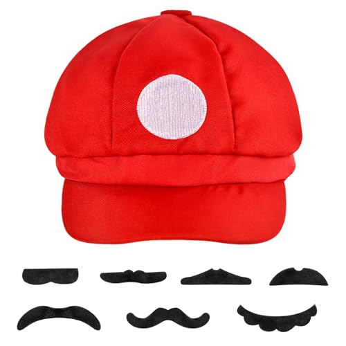 EKDAYA Hut Erwachsene, Hut-Set, Rot Stickerei Schirmmütze mit 7 PCS Schnurrbart, Kappen Rot, Hüte Erwachsene, Cosplay Kostüm für Fasching & Karneval (Rot-B) von EKDAYA
