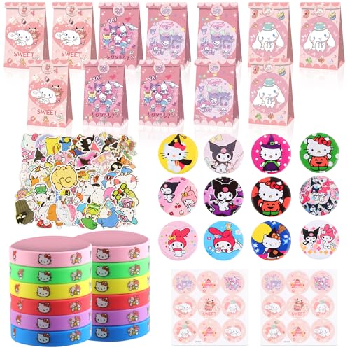 86 Stück Ku-romi Geburtstag Mitgebsel Kinder, Pin Abzeichen, Anime Silikon Armbänder, Melody Anime Sticker, Cinnamoroll Candy Geschenktaschen, Kinder Geschenke Party Zubehör für Junge und Mädchen von EKKONG