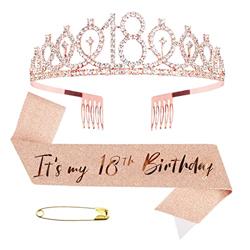 EKKONG 18. Geburtstag Schärpe und Tiara, Rose Gold Geburtstagskrone Schärpe, Krone 18 Geburtstag Mädchen, Fabulous Schärpe, Geburtstag Geschenke für Mädchen 18. Geburtstag Deko von EKKONG