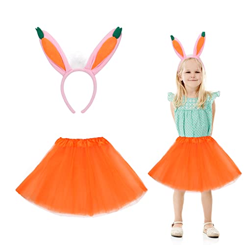 EKKONG 2 Stück Hasenkostüm Set, Hase Kostüm Kinder, Kinder Hasenohren Haarreif, Oranges Tutu mit Hasenohr Stirnband für Ostern Kostümparty von EKKONG