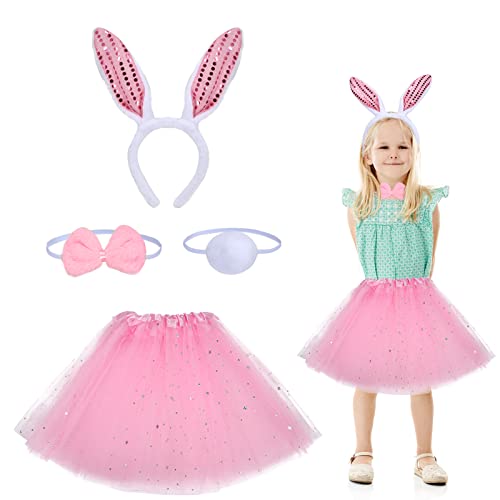 EKKONG 4 Stück Hasenkostüm Set, Hase Kostüm Kinder, Kinder Hasenohren Haarreif, Rosa Tutu mit Hasenohren Schwanz Schleife, für Ostern Kostümparty von EKKONG