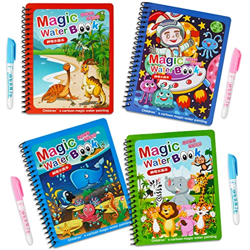 EKKONG 4 Stück Wassermalbuch, Magie Wasser Zeichnung Buch, Magisches Malbücher Set, Water Colouring Book mit Wasserstift, Wasser Malbuch Doodle für Kinder von EKKONG