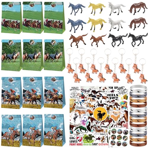 EKKONG 98 Stück Pferde Party Mitgebsel, Kindergeburtstag Gastgeschenke Cowboy, Gastgeschenke Tüten Pferde Sticker Tiere Figuren Pferde Schlüsselanhänger, für Pferde Deko Kinder Geburtstagsgeschenke von EKKONG