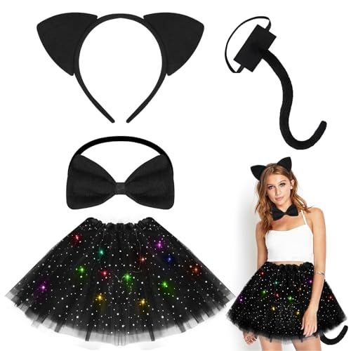 EKKONG Katzenkostüm Damen, 4 Stück Halloween Kostüm Damen Katze, Katzen Kostüm Mädchen Set mit Katzenohren Haarreif, Katzenschwanz, Schwarz Tutu, Fliege, für Halloween Karneval Cosplay von EKKONG