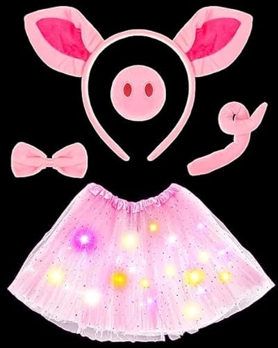 EKKONG Kostüm Set Kinder Tutu Rock Kostüm Ohren Schwanz Fliege Set Cosplay Karneval Dress Up (Rosa Schwein) von EKKONG