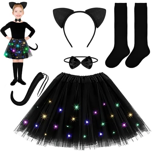 EKKONG Katzenkostüm Kinder Mädchen 5 Stück Katzen Kostüme für Kind Cat Costume Kids Faschingskostüm Katze Mädchen Tütü mit LED Ohren Tail Kragen Overknee-Socken Kostüm Katze von EKKONG