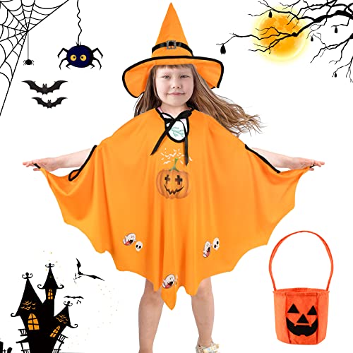 EKKONG Kürbis Kostüm Kinder, Halloween Umhang Fledermaus Hexe Umhang mit Hut, Süßigkeiten Tasche Mädchen Cosplay für Halloween, Fasching, Karneval, Bühnenperformance,Themenparty von EKKONG