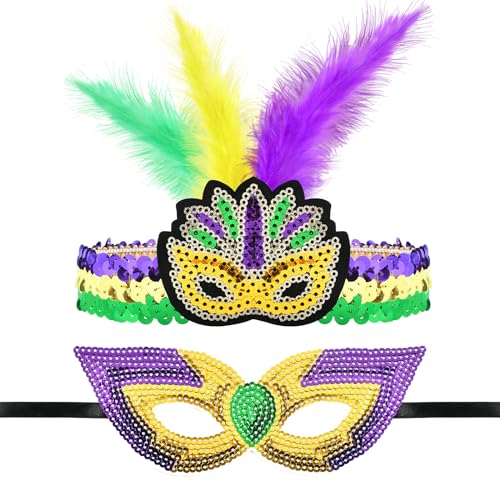 EKKONG Maskenball Maske und Stirnband Damen, Bunt Paillettenmaske + Paillettenstirnband Karneval Masquerade für Women Karneval Bekleidungs Dekoration Zubehör von EKKONG