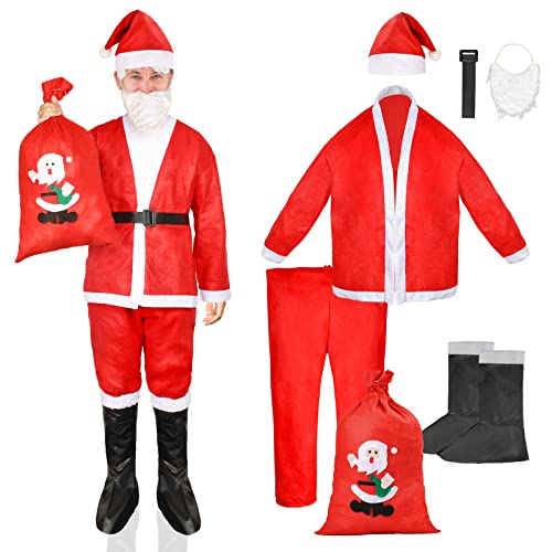 EKKONG 7-teiliges Weihnachtsmannkostüm, Nikolaus Kostüm, Nikolaus Anzug, Kostüm für Nikolaus mit Bart, Mütze, Gürtel, Jutesack in rot, Stiefel von EKKONG