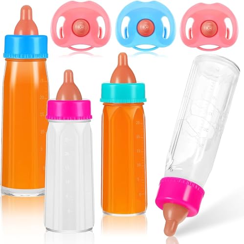 EKKONG Magische Flasche,4 Stück Baby Puppe Milchfläschchen mit 3 Stück Schnuller,New Born Baby Puppe Zubehör,Zauberflaschen Für Puppen, 3 Jahre to 6 Jahre von EKKONG