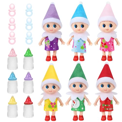 Weihnachtself Weihnachtselfen Wichtelpuppe Mini Figuren Weihnachten 6 Elfen Puppe, 6 Elfenflaschen, 6 Elfenschnuller Weihnachtswichtel Figuren für Jungen Mädchen Weihnachtsspielzeug Dekorationen von EKKONG