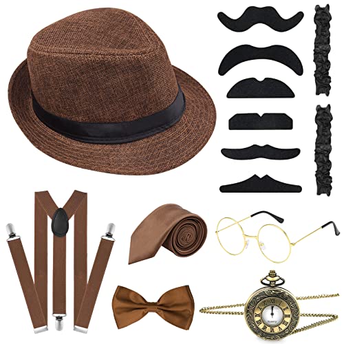 ELECLAND 10-teiliges 1920er-Jahre-Kostüm-Zubehör-Set für Herren, brüllendes Retro-Gangster-Kostüm, Hut, Fliege, Taschenuhr, Hosenträger, Brille, Bart, Armband, Strumpfbänder, Taschenuhr (braun) von ELECLAND