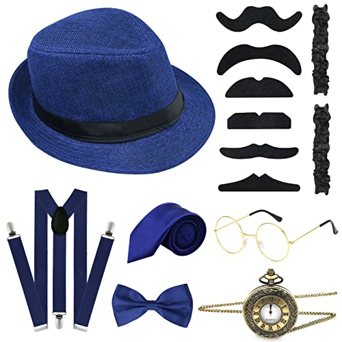 ELECLAND 10-teiliges 1920er-Jahre-Kostüm-Zubehör-Set für Herren, brüllendes Retro-Gangster-Kostüm, Hut, Fliege, Taschenuhr, Hosenträger, Brille, Bart, Armband, Strumpfbänder, Taschenuhr (dunkelblau) von ELECLAND