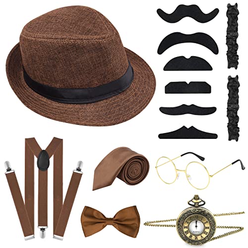 ELECLAND 10-teiliges 1920er-Jahre-Kostüm-Zubehör-Set für Herren, brüllendes Retro-Gangster-Kostüm, Hut, Fliege, Taschenuhr, Hosenträger, Brille, Bart, Armband, Strumpfbänder, Taschenuhr (braun) ELECLAND 10-teiliges 1920er-Jahre-Kostüm-Zubehör-Set für Herren, brüllendes Retro-Gangster-Kostüm, Hut, Fliege, Taschenuhr, Hosenträger, Brille, Bart, Armband, Strumpfbänder, Taschenuhr (braun) von ELECLAND