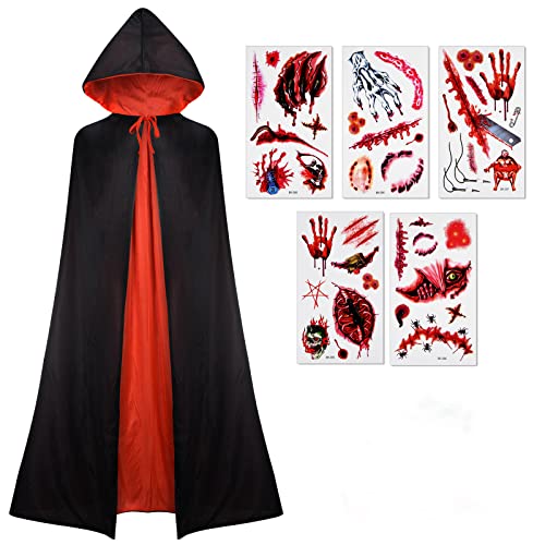 ELECLAND Vampir Umhang Set mit Zähnen & Tattoo für Erwachsene Uni Halloween Kostüm Party Cosplay Requisiten (Schwarz, Rot), Schwarz, Rot, cape: 55inch/teeth: 0.5inch/tatto: 7.5 x 4.7inch von ELECLAND