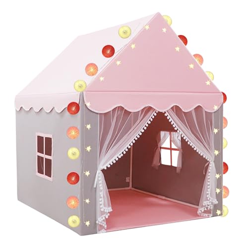 Kinderzelt Indoor mit Kugel & Stern Lichterkette, Zelt für Kinder, Spielzelt Spielhaus Kinderzimmer Kuschelecke für Mädchen, Kinderhaus Tipi für Drinnen für Prinzessin (Rosa & Grau, 100×120×130cm) von ELEpure