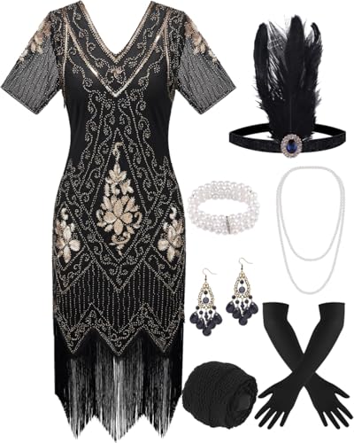 ELFIN 20er Dresses Flapper Kleid Damen Fransen Pailletten Kleid 20er Party Kleid Accessoires 1920er Kostüm Kleider mit Stirnband, Kopfbedeckung, langen schwarzen Handschuhen, Halskette, L, Black Gold von ELFIN