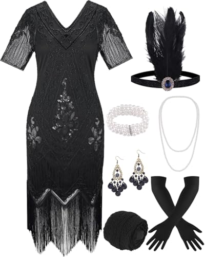 ELFIN 20er Dresses Flapper Kleid Damen Fransen Pailletten Kleid 20er Party Kleid Accessoires 1920er Kostüm Kleider mit Stirnband, Kopfbedeckung, langen schwarzen Handschuhen, Halskette, L, Black von ELFIN