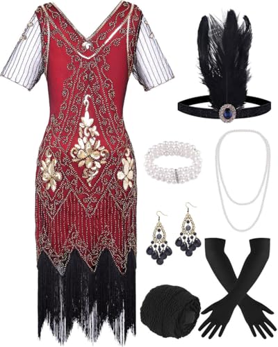 ELFIN 20er Dresses Flapper Kleid Damen Fransen Pailletten Kleid 20er Party Kleid Accessoires 1920er Kostüm Kleider mit Stirnband, Kopfbedeckung, langen schwarzen Handschuhen, Halskette, L, Rot Gold von ELFIN