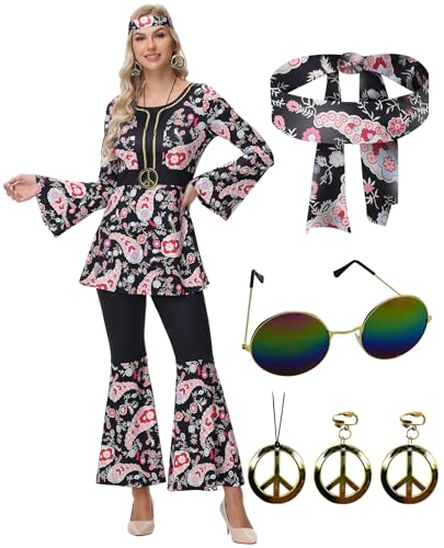 ELFIN 60er 70er Hippie Kostüm Damen Set, Hippie Kleidung Accessoires mit Hippie Oberteil Schlaghose, Brille, Haarband, Halskette, Ohrringen, Disco-Outfit Damen Karneval Mottoparty Halloween, Black, XL von ELFIN