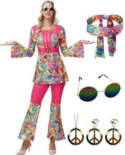 ELFIN 60er 70er Hippie Kostüm Damen Set, Hippie Kleidung Accessoires mit Hippie Oberteil Schlaghose, Brille, Haarband, Halskette, Ohrringen, Disco-Outfit Damen Karneval Mottoparty Halloween, LilaR, M von ELFIN