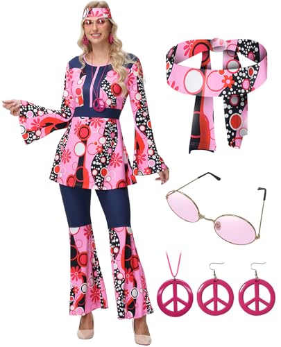 ELFIN 60er 70er Hippie Kostüm Damen Set, Hippie Kleidung Accessoires mit Hippie Oberteil Schlaghose, Brille, Haarband, Halskette, Ohrringen, Disco-Outfit Damen Karneval Mottoparty Halloween, Pink, XL von ELFIN