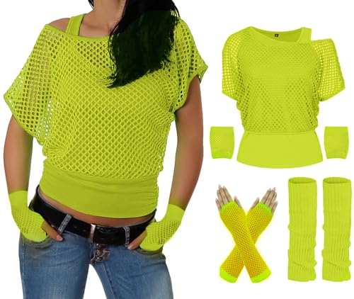 ELFIN 80er 90er Jahre Outfit Damen, Netzshirt, Tank top, Beinwärmer, Netzhandschuhe, 80er Jahre Netzoberteil Damen Tops Neon Shirt, 80er Kostüm Aerobic Kleidung Mottoparty Accessoires, Neongrün, XL von ELFIN