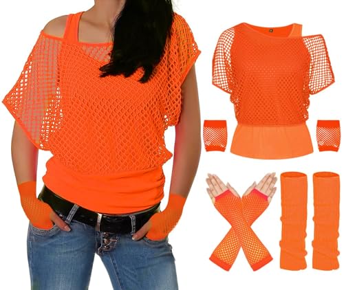 ELFIN 80er 90er Jahre Outfit Damen, Netzshirt, Tank top, Beinwärmer, Netzhandschuhe, 80er Jahre Netzoberteil Damen Tops Neon Shirt, 80er Kostüm Aerobic Kleidung Mottoparty Accessoires, Orange, L von ELFIN