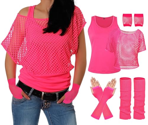 ELFIN 80er 90er Jahre Outfit Damen, Netzshirt, Tank top, Beinwärmer, Netzhandschuhe, 80er Jahre Netzoberteil Damen Tops Neon Shirt, 80er Kostüm Aerobic Kleidung Mottoparty Accessoires, Pink, L von ELFIN